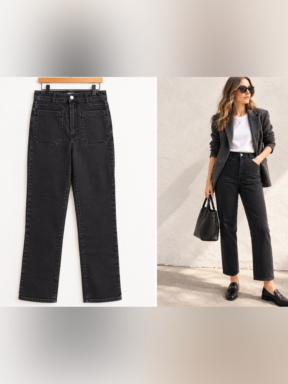 Loup Anna Pants Black High Rise Straight Leg Patch Pocket Jeans xs 24
